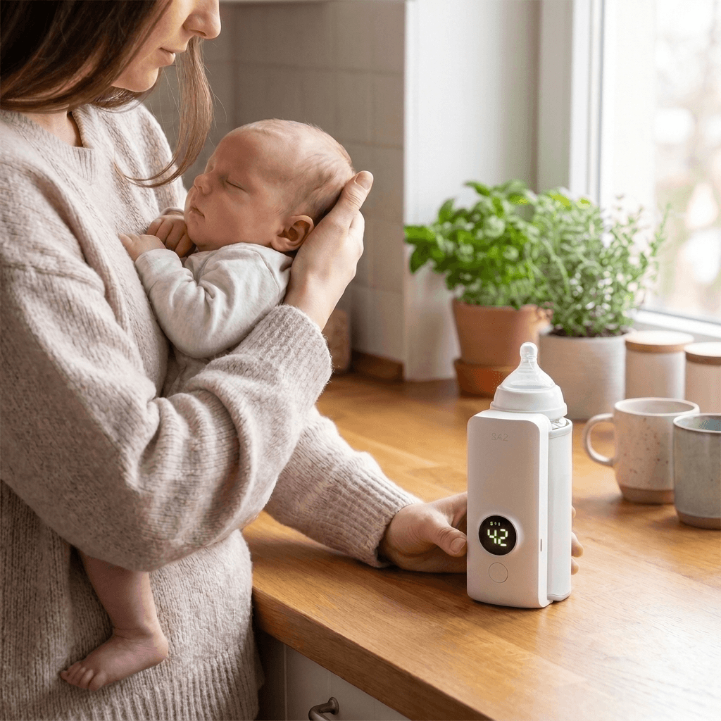 Parent using Bebeino bottle warmer at night